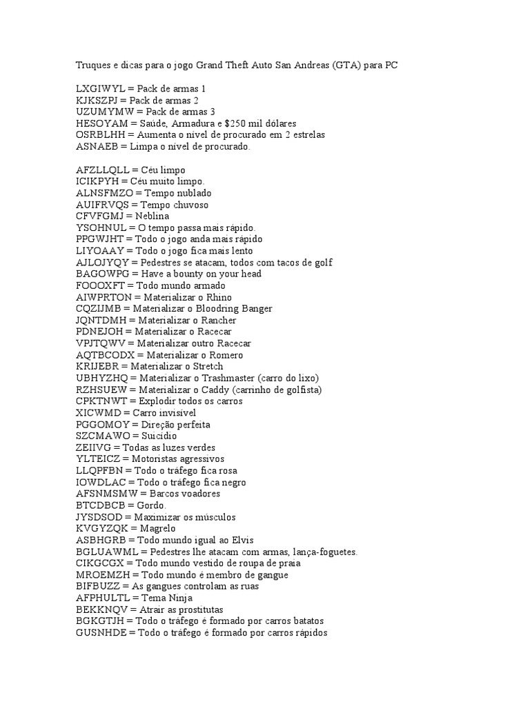 Truques e Dicas para GTA San Andreas | PDF