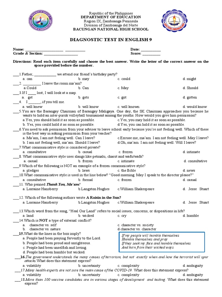 9th Grade English Diagnostic Test PDF | PDF