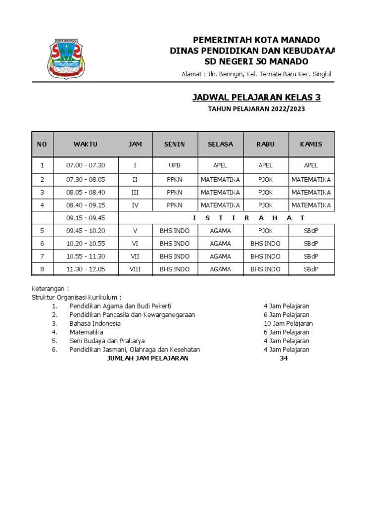 Jadwal Pelajaran Kelas 3 2023 | PDF