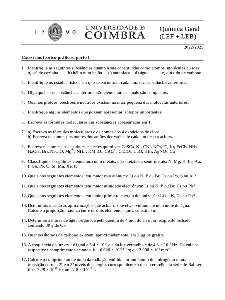 Exercícios de Química Geral 2022-2023 | PDF | Gases | Pressão