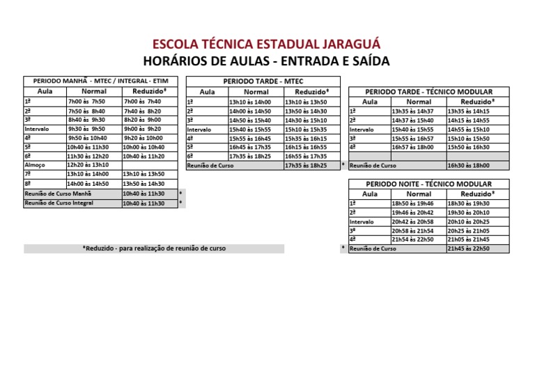 Horário de Aulas - Entrada e Saída - 2023 | PDF | Intervalo (música ...
