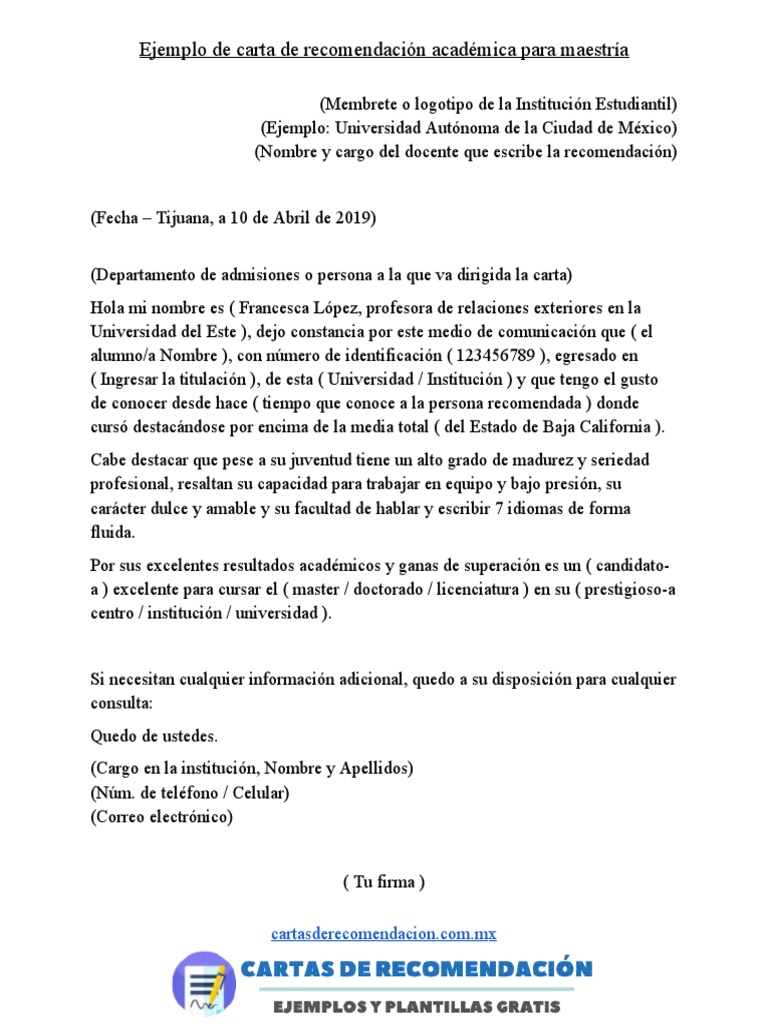 Ejemplo de Carta de Recomendacion Academica para Maestria | PDF, image size:768x1024