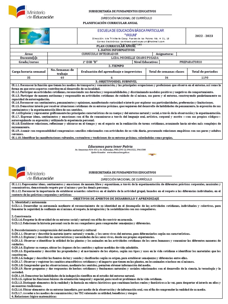 Plan Curricular Anual 2022-2023 EGB | PDF | Plan de estudios | Vida