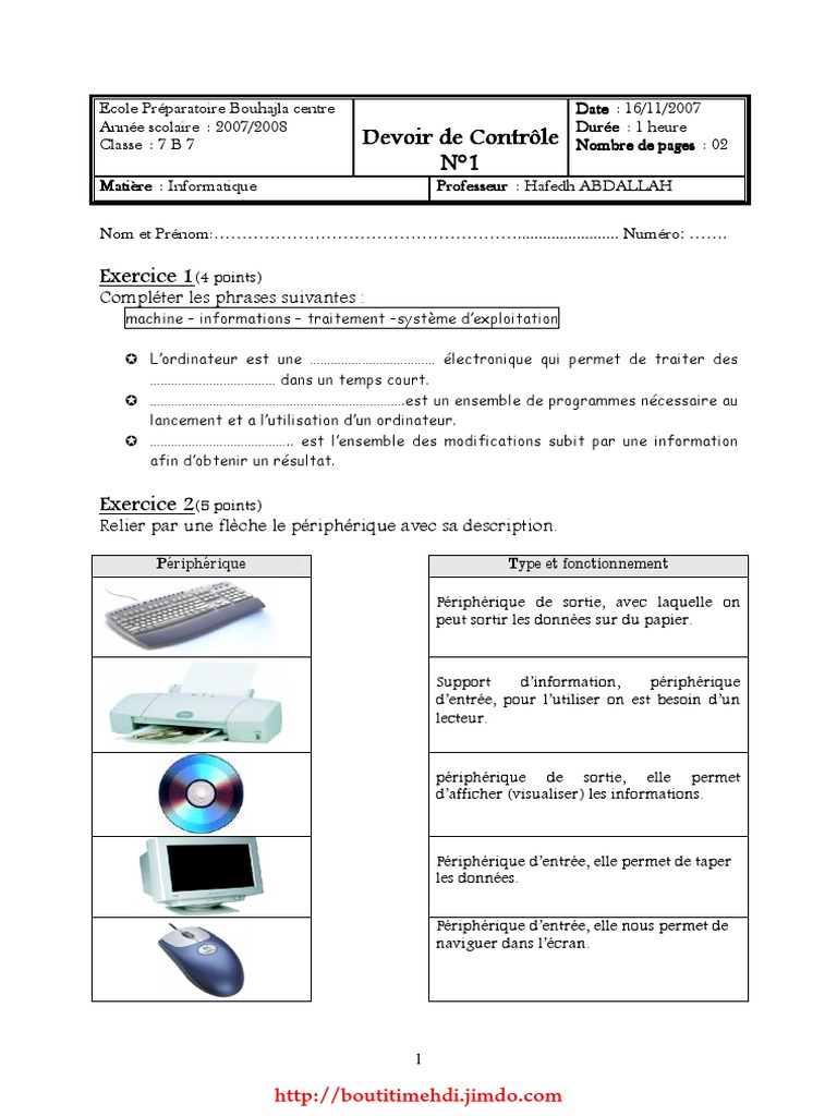 Devoir de Contrôle Informatique 7ème | PDF | Périphérique informatique ...