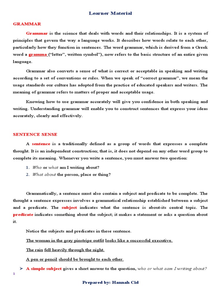 Grammar and Sentence Structure Guide | PDF | Verb | Subject (Grammar)