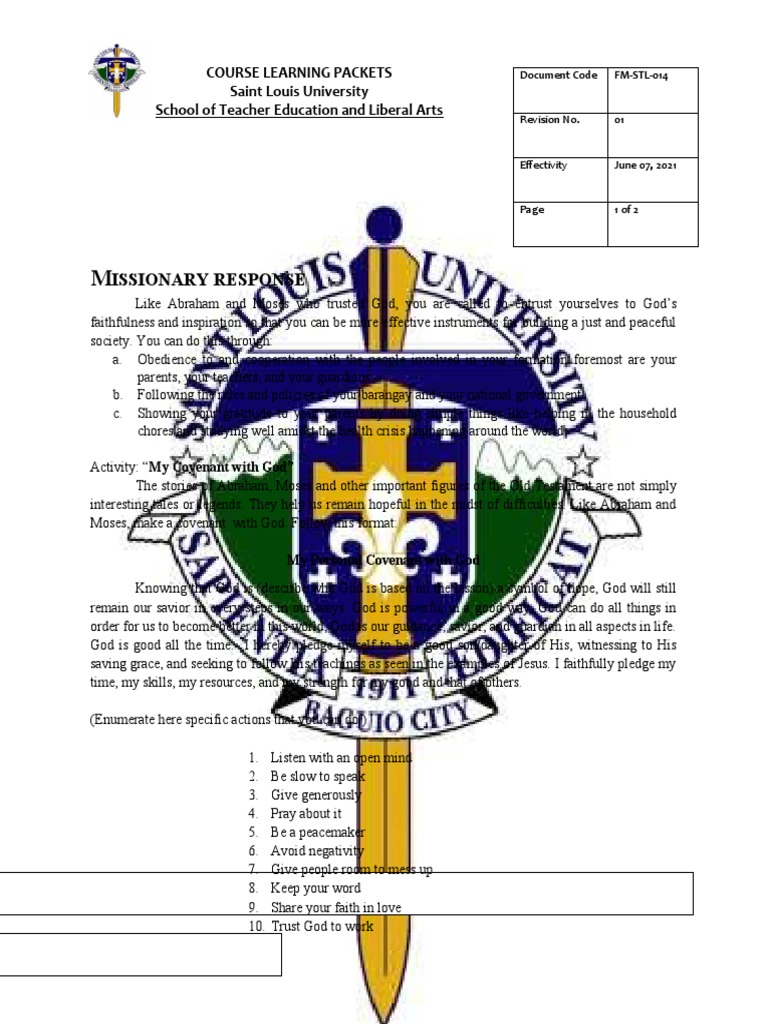 Cfe 101 module 2 lesson 1 missionary response adrian kurt m