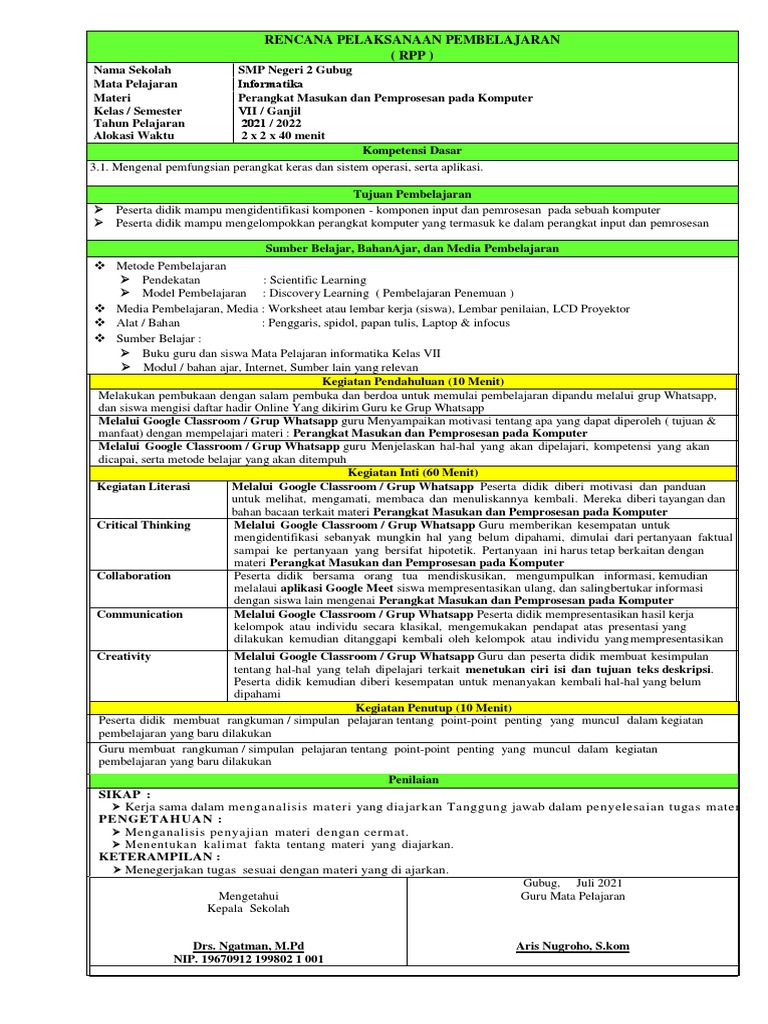 RPP Informatika Kelas 7: Perangkat Komputer | PDF