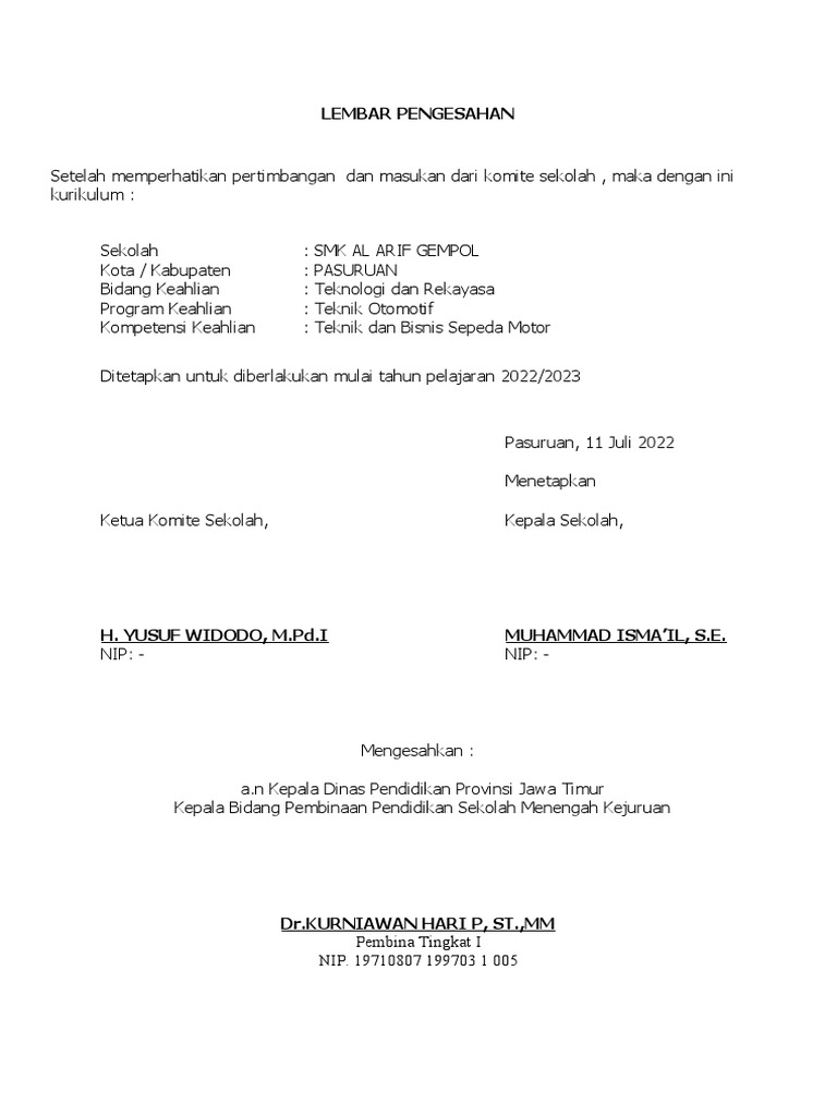 Pengesahan Kurikulum SMK Al Arif | PDF