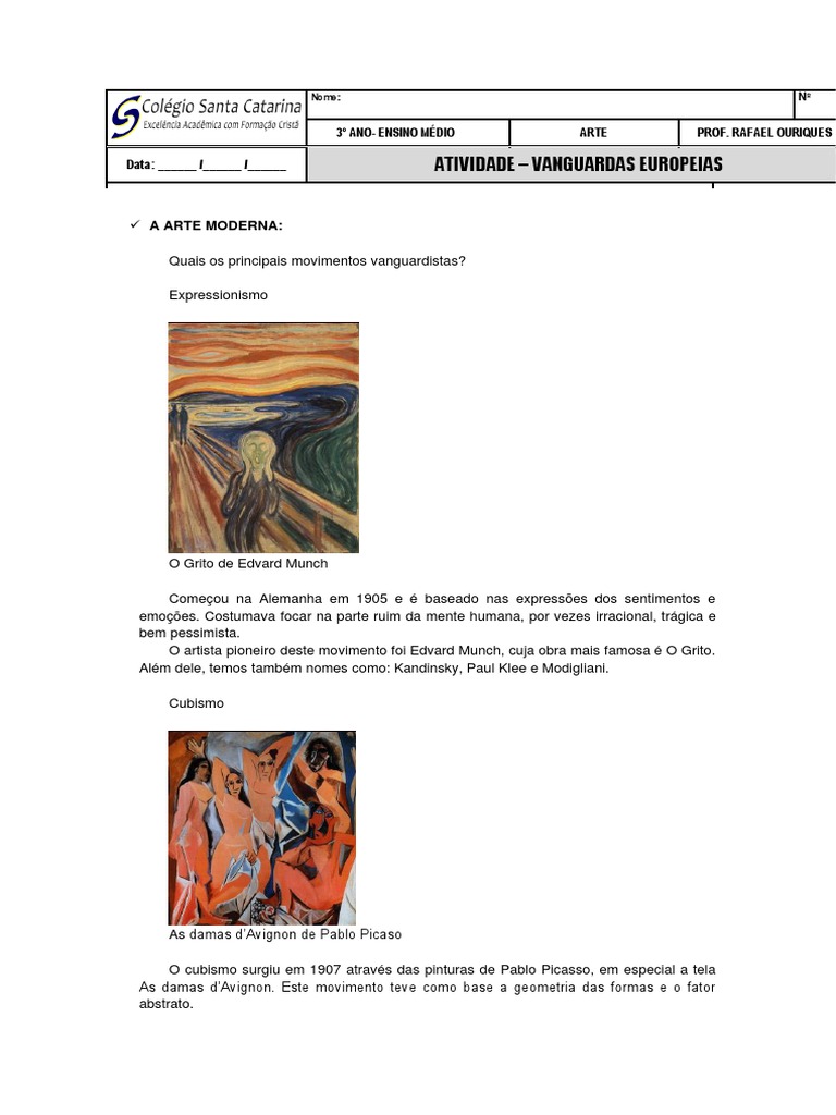 Ens-Médio-3ºano-Arte-Atividade-2 Vanguardas Europeias | PDF ...