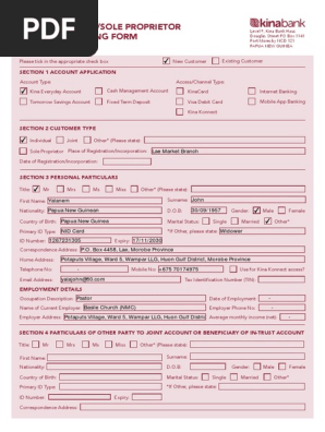 Kina Bank Personal Account Opening Form
