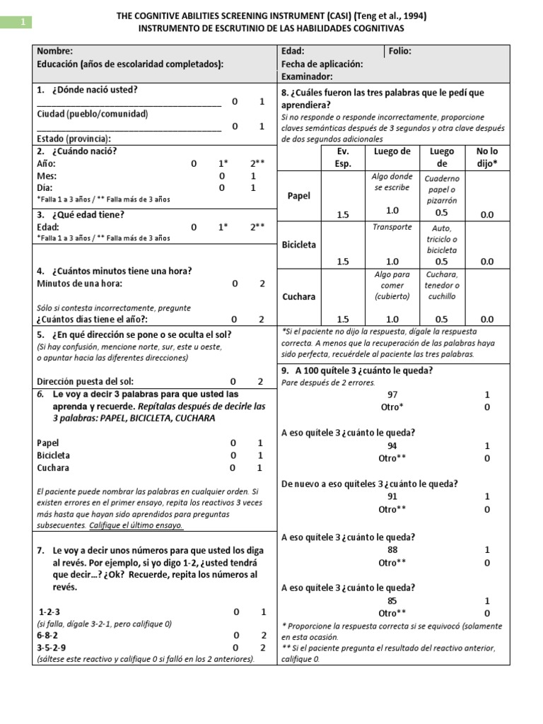 Evaluación de Habilidades Cognitivas CASI | PDF