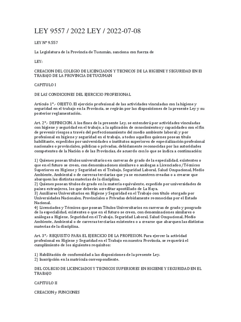 Ley Colegio HyST-9557-22 | PDF | Seguridad y salud ocupacional ...