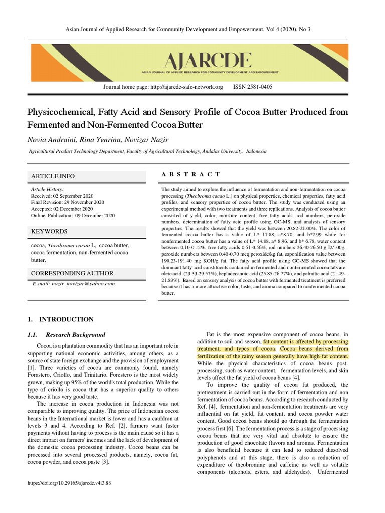 Physicochemical, Fatty Acid and Sensory Analysis of Cocoa Butter