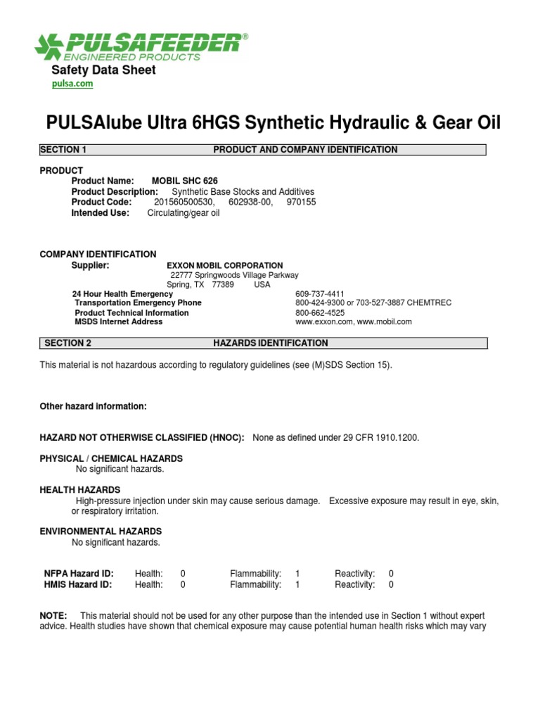 Pulsalube Ultra 6Hgs Synthetic Hydraulic & Gear Oil Safety Data Sheet