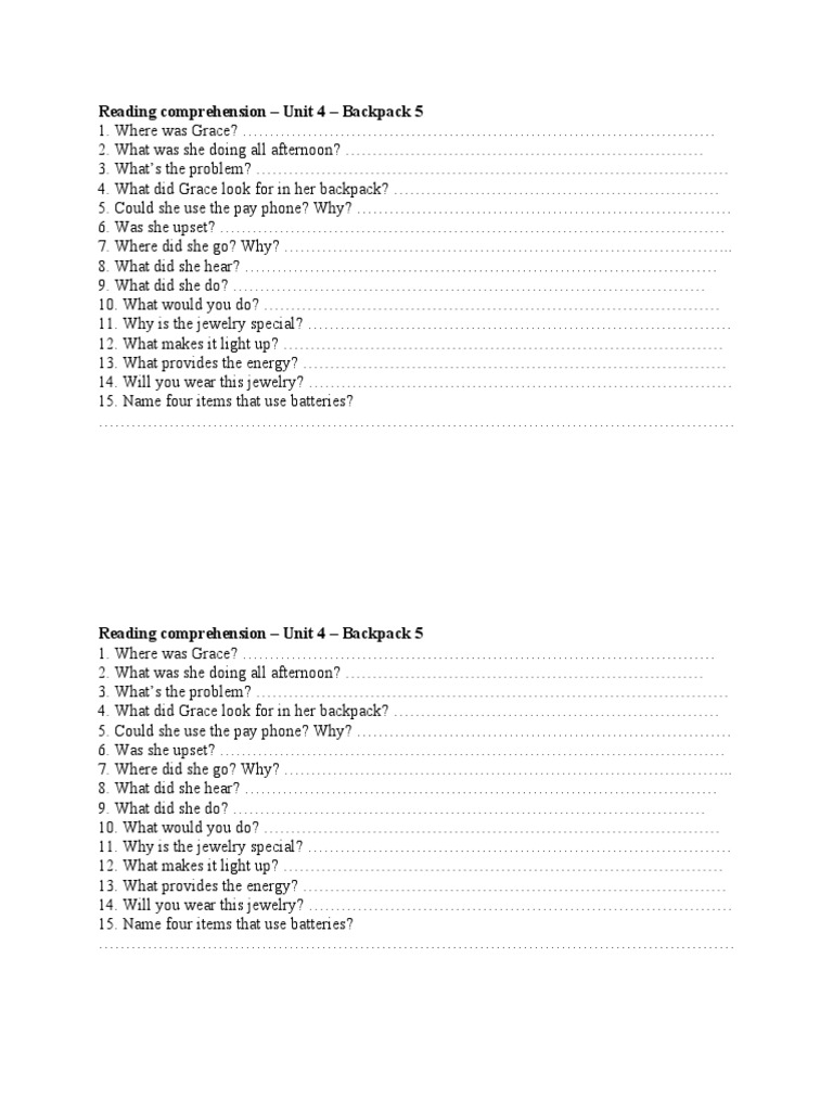 Backpack 5 Unit 4 Reading Questions | PDF