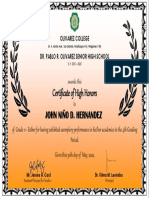 Olivarez College Certificate of High Honors for Grade 11 Student