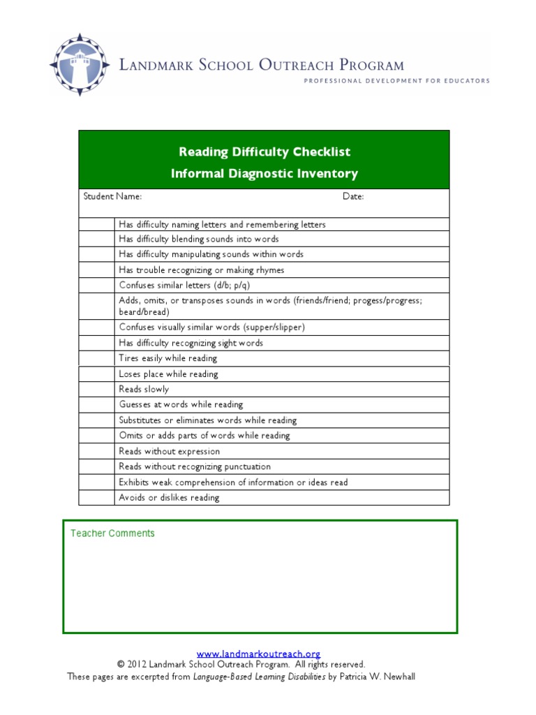 Reading Difficulty Checklist PDF