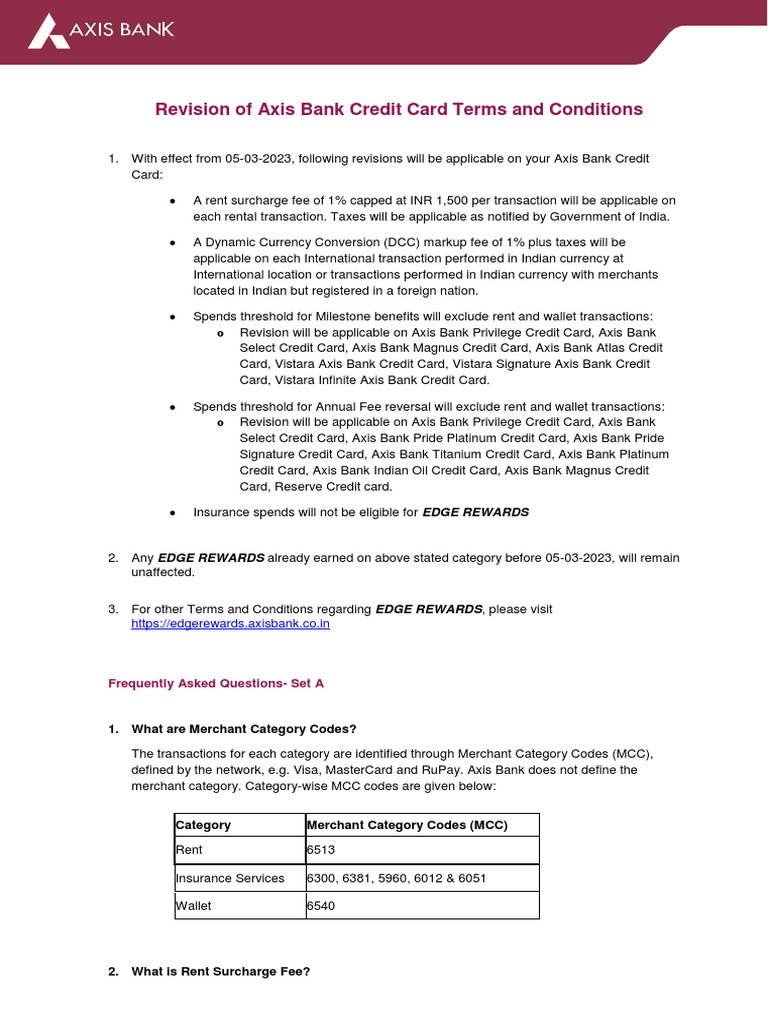 Revision of Axis Bank Credit Card Terms and Conditions | PDF 