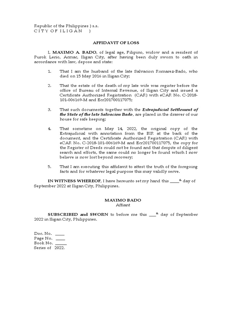 Affidavit of loss car bir pdf