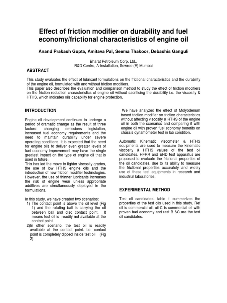 Effect of Friction Modifier On Durability and Fuel Economy/frictional Characteristics of Engine