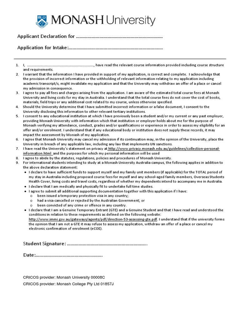 Monash Student Declaration Form (NEW) 2018 (1) PDF Travel Visa
