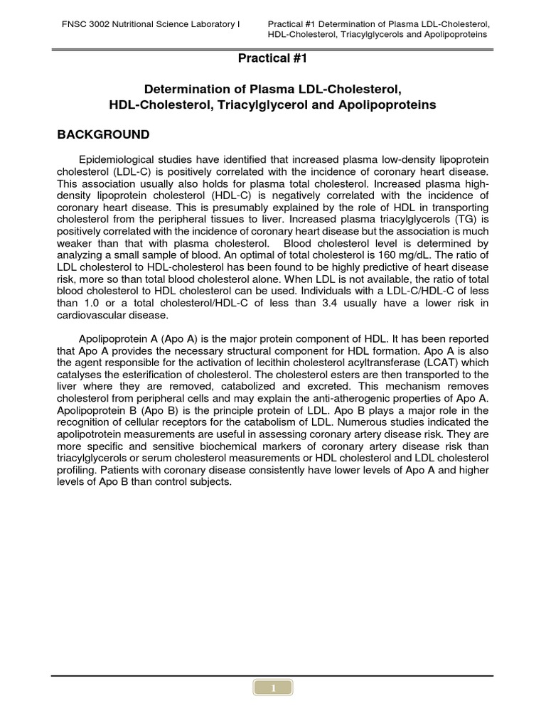 Fnsc 3002 practical 1 determination of plasma ldl cholesterol hdl