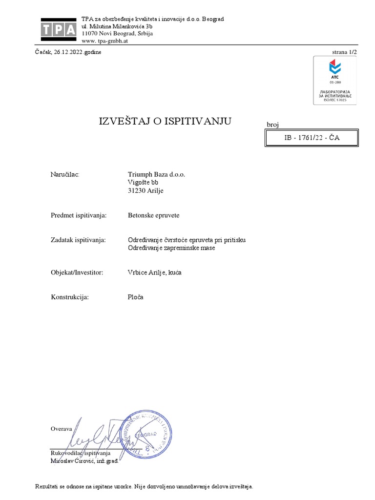 Ispitivanje Betona | PDF
