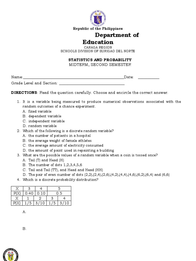 Midterm Exam: Statistics & Probability | PDF | Variance | Sample Size ...