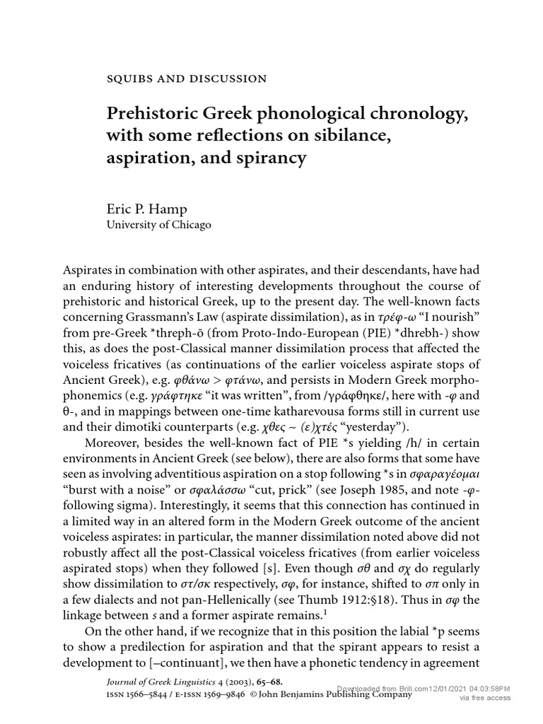 (15699846 Journal of Greek Linguistics) Prehistoric Greek Phonological Chronology, With Some