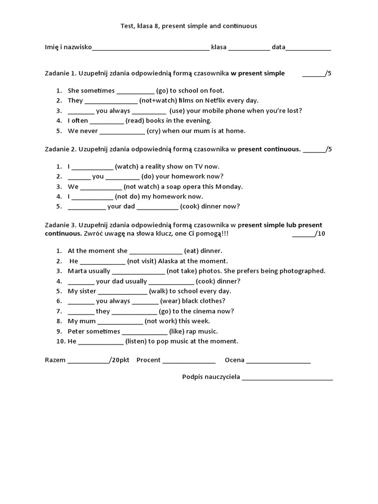 Klasa 6 albo 8 test present simple i continuous pdf