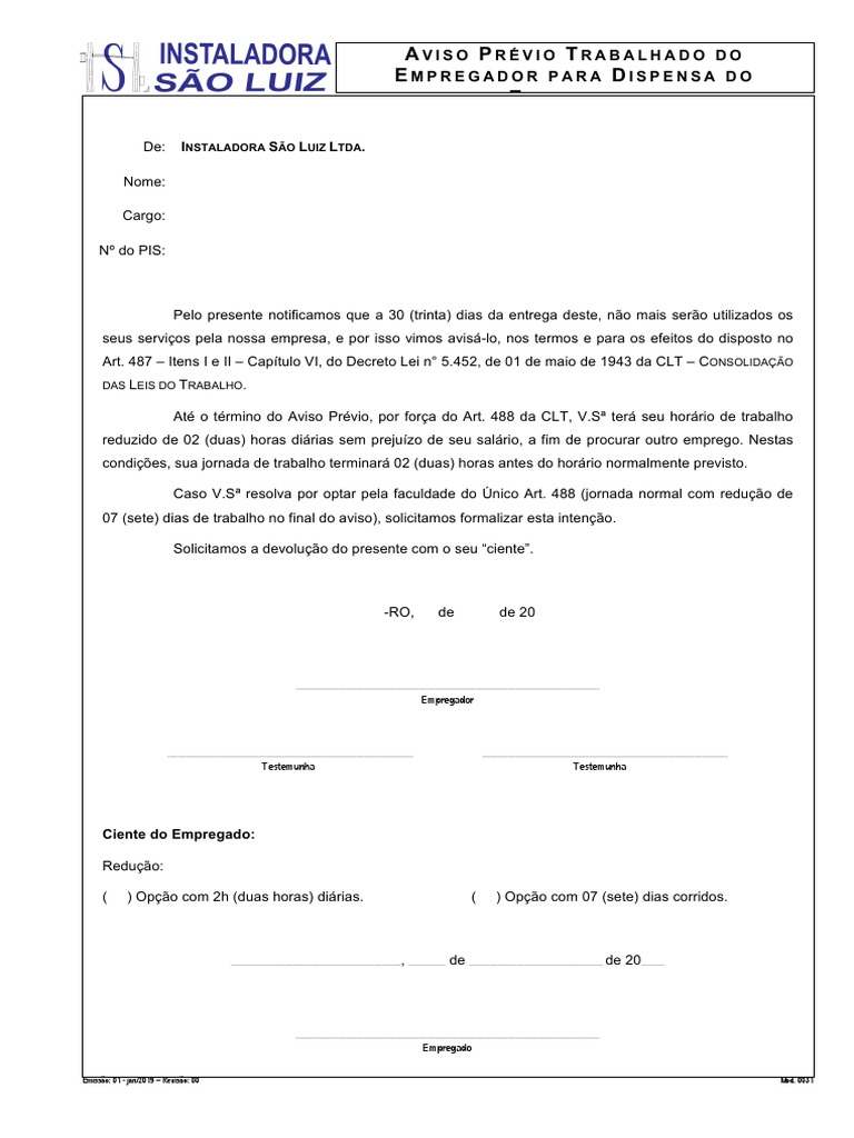 Mod. 0031 - RH Aviso Prévio Do Empregador para Dispensa de Empregado ...
