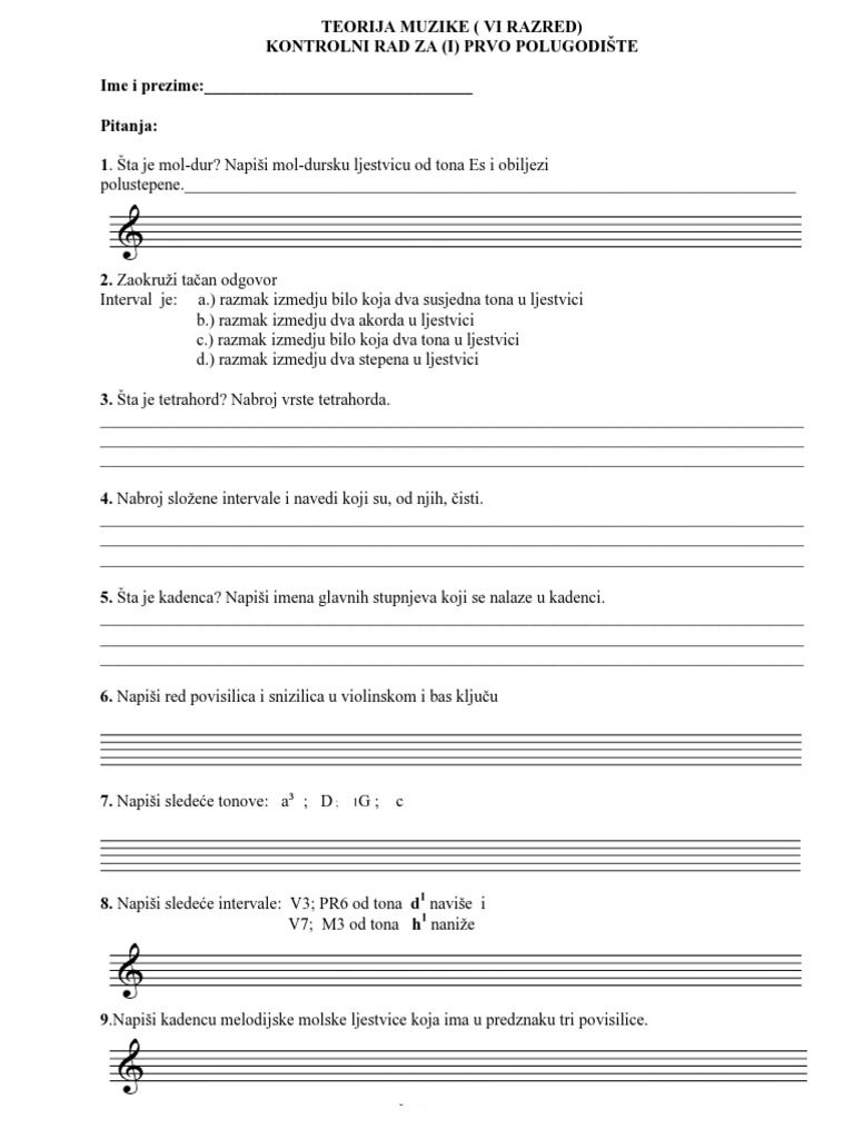 TEORIJA MUZIKE I POL Kontrolni Rad Za Sesti Razred | PDF