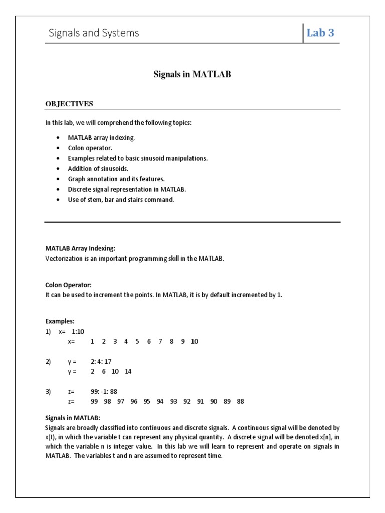 Representing and Analyzing Signals Using MATLAB | PDF | Matlab ...