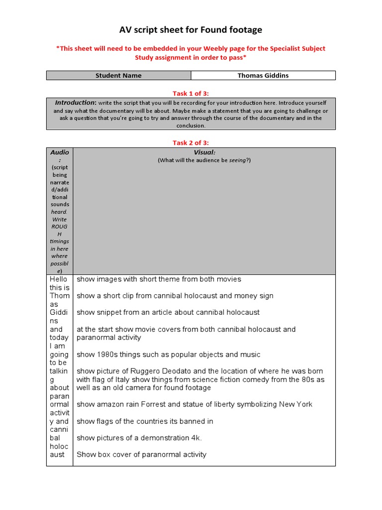 Av Script Sheet For Yr2 Found Footage | PDF