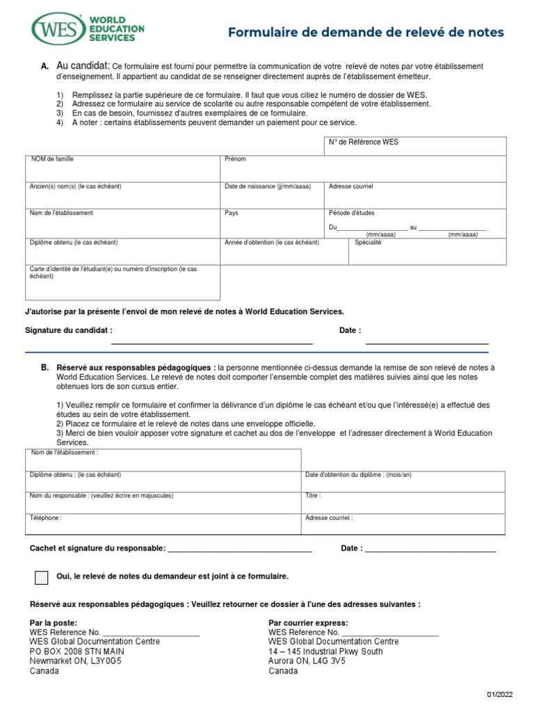 International Transcript Request FR | PDF | Évolution de carrière
