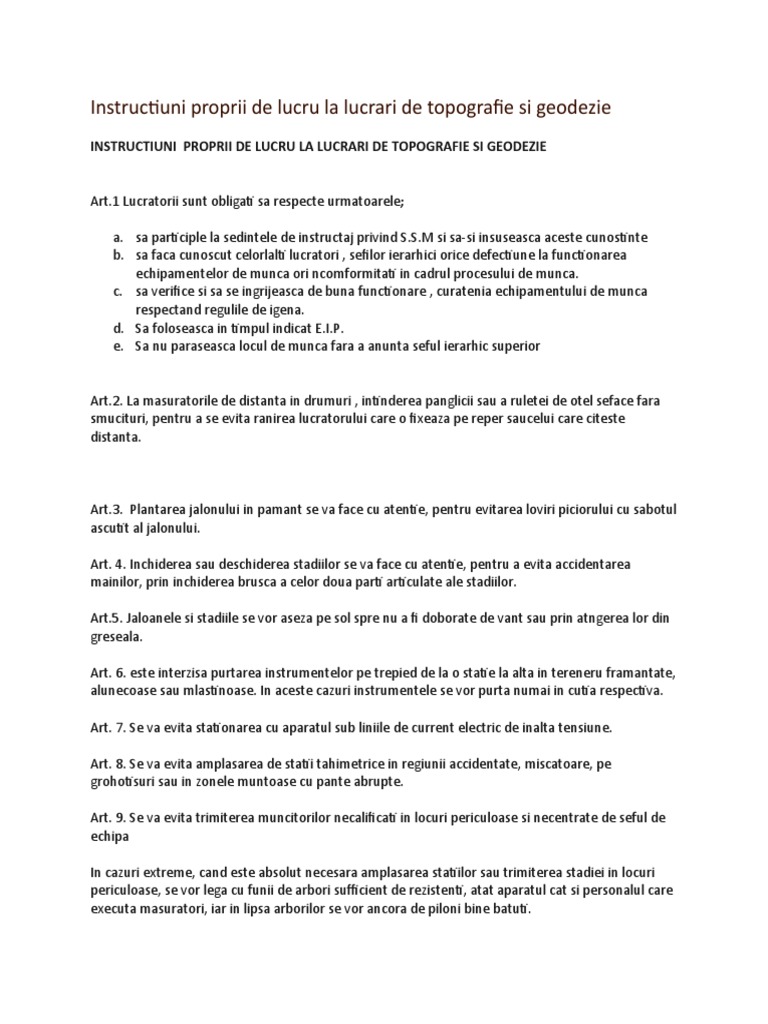 Instructiuni Proprii de Lucru La Lucrari de Topografie Si Geodezie | PDF