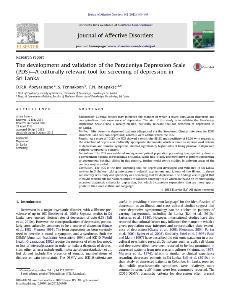 The Development and Validation of The Peradeniya Depression Scale (PDS ...
