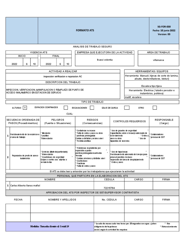 Análisis de Trabajo Seguro (ATS) | PDF
