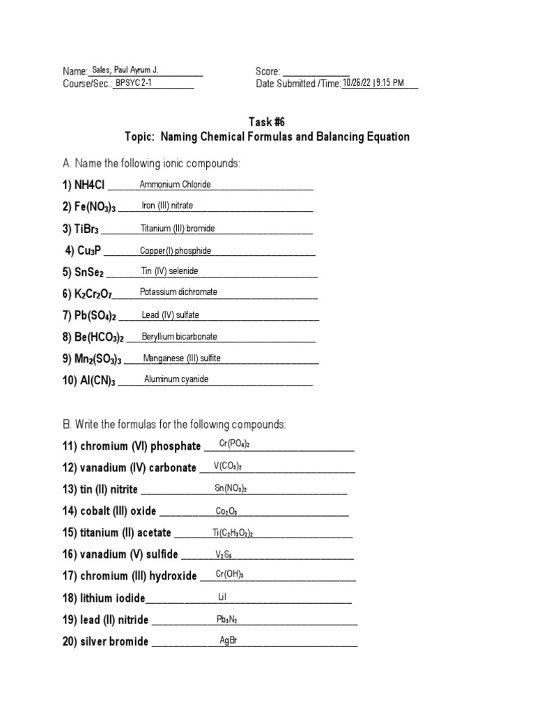 Task 6 Naming Chemical Formulas and Balancing Equation PDF