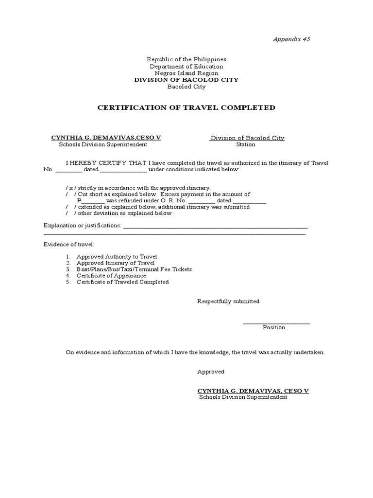 Certificate of Travel Completed (GAM Format) PDF