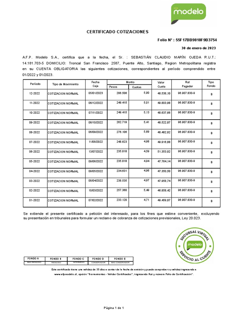 Certificado de Cotizaciones AFPModelo | PDF | Pensión | Beneficios para ...