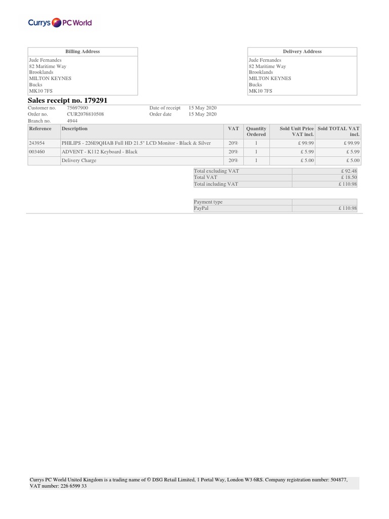 Sales receipt no 179291 billing address delivery address download