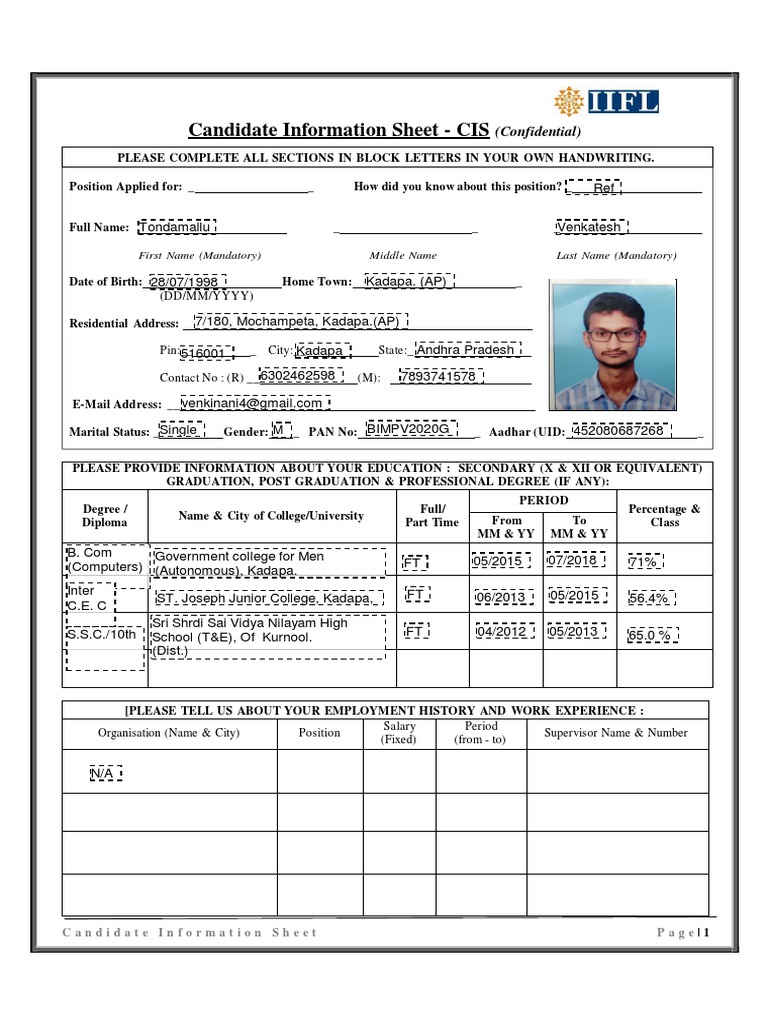 Candidate Information Sheet 2024 | PDF | Career & Growth