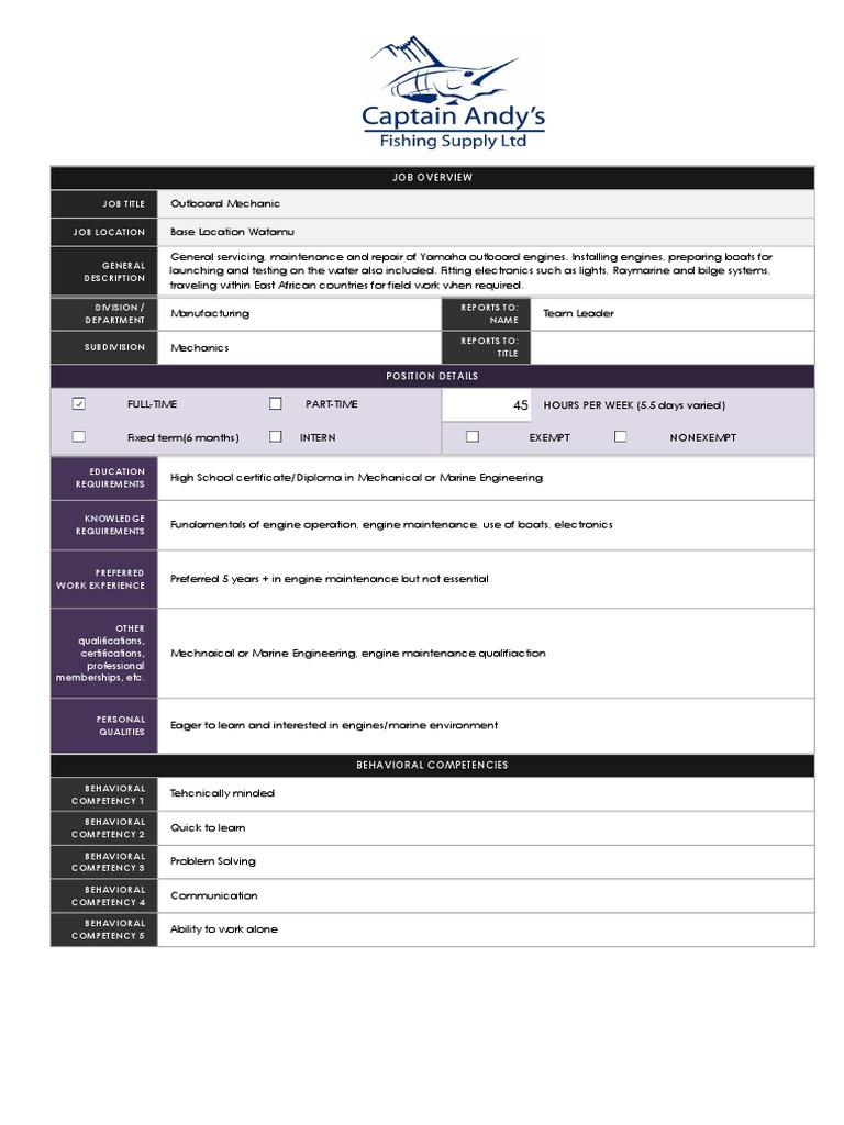 Mechanic Job Description PDF Professional Certification