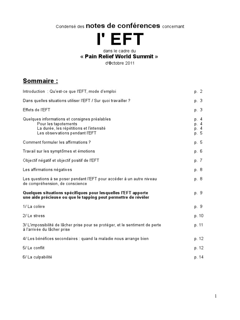 L' EFT: Notes de Conférences | PDF | Douleur | Émotions