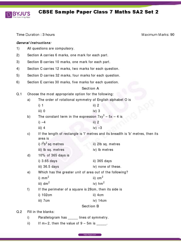 Class 7 Maths SA2 Sample Paper 2023 | PDF | Triangle | Area