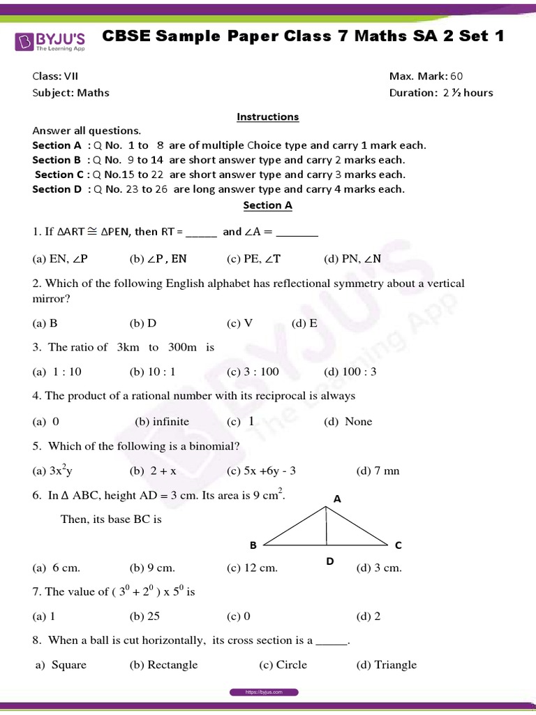 CBSE Sample Paper Class 7 Maths SA2 Set 4578 | PDF | Rectangle | Geometry