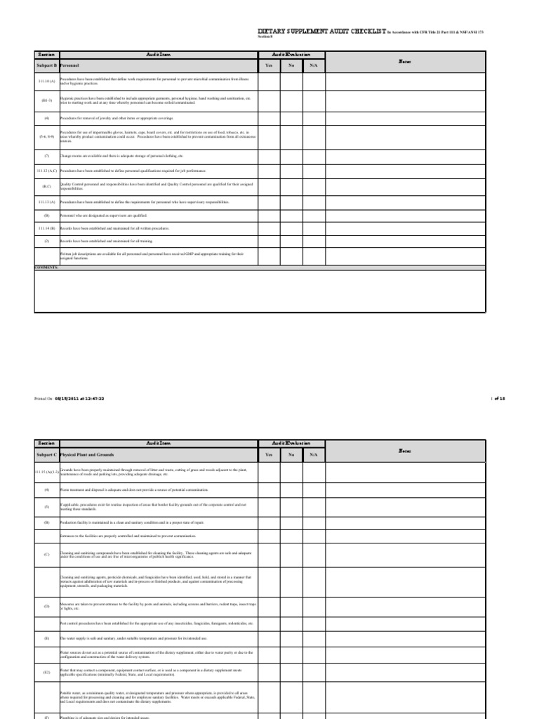 Dietary Supplement CFR Gap Analysis Worksheet PDF Drinking Water Specification (Technical