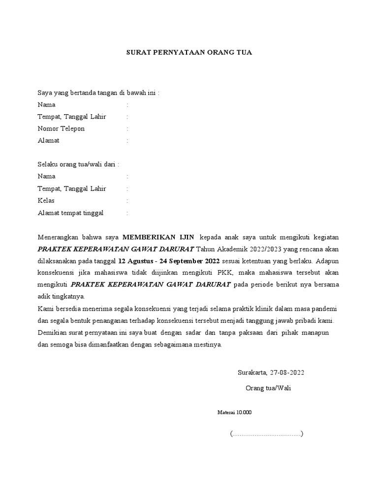 Surat Pernyataan Orang Tua | PDF