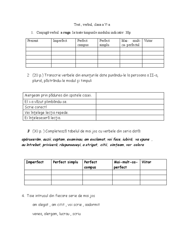 Test Verbul Clasa A V A | PDF